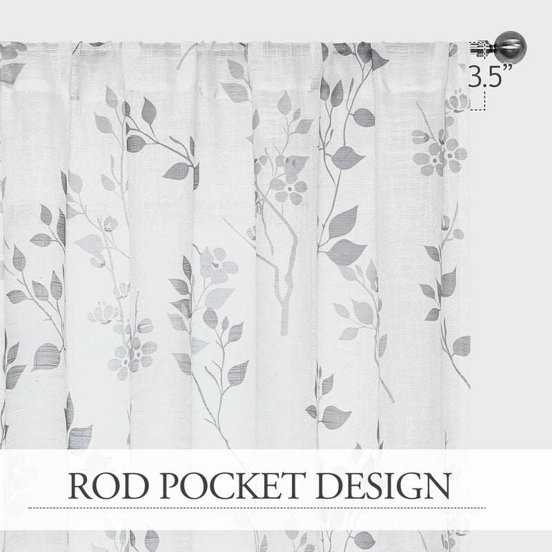 Beauoop Floral Linen Semi Sheer Curtains 96 Inches Long 2 Panels for Living Room Bedroom Grey Farmhouse Flower Patterned Light Filtering Textured Rod Pocket Window Treatments Drapes, 50x96 2 Set - Image 2