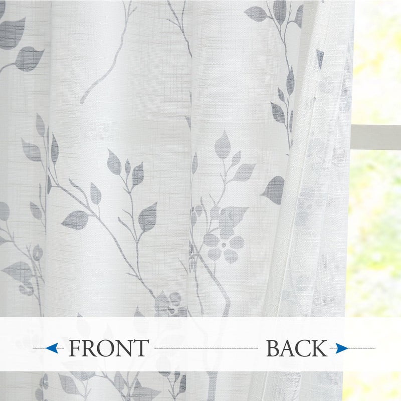 Beauoop Floral Linen Semi Sheer Curtains 96 Inches Long 2 Panels for Living Room Bedroom Grey Farmhouse Flower Patterned Light Filtering Textured Rod Pocket Window Treatments Drapes, 50x96 2 Set - Image 3
