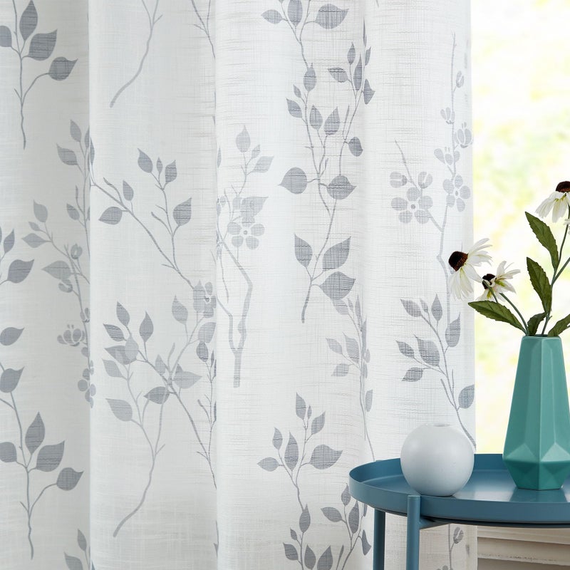 Beauoop Floral Linen Semi Sheer Curtains 96 Inches Long 2 Panels for Living Room Bedroom Grey Farmhouse Flower Patterned Light Filtering Textured Rod Pocket Window Treatments Drapes, 50x96 2 Set - Image 4