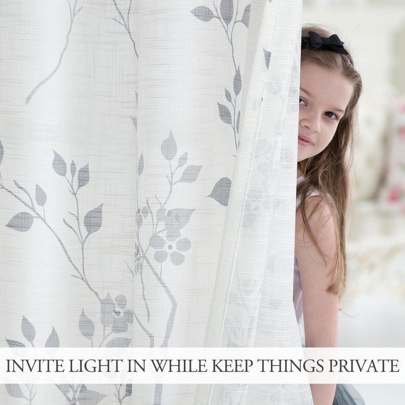 Beauoop Floral Linen Semi Sheer Curtains 96 Inches Long 2 Panels for Living Room Bedroom Grey Farmhouse Flower Patterned Light Filtering Textured Rod Pocket Window Treatments Drapes, 50x96 2 Set - Image 5