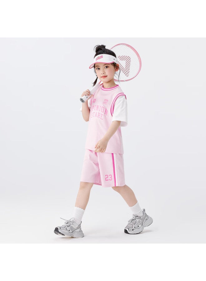 Zuoxi Girls' Sports Set, Summer Children'S Moisture-Wicking Quick-Dry Summer Outfit, New Short-Sleeve Two-Piece Set, Pink, Size 160 - Image 4