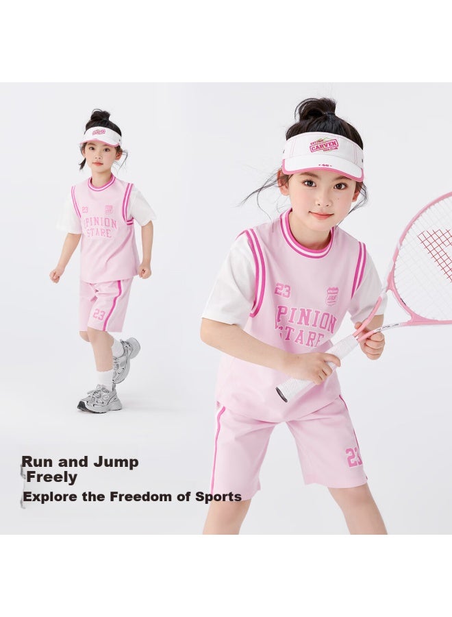 Zuoxi Girls' Sports Set, Summer Children'S Moisture-Wicking Quick-Dry Summer Outfit, New Short-Sleeve Two-Piece Set, Pink, Size 160 - Image 3