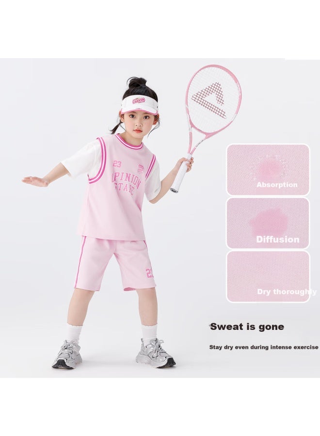 Zuoxi Girls' Sports Set, Summer Children'S Moisture-Wicking Quick-Dry Summer Outfit, New Short-Sleeve Two-Piece Set, Pink, Size 160 - Image 2