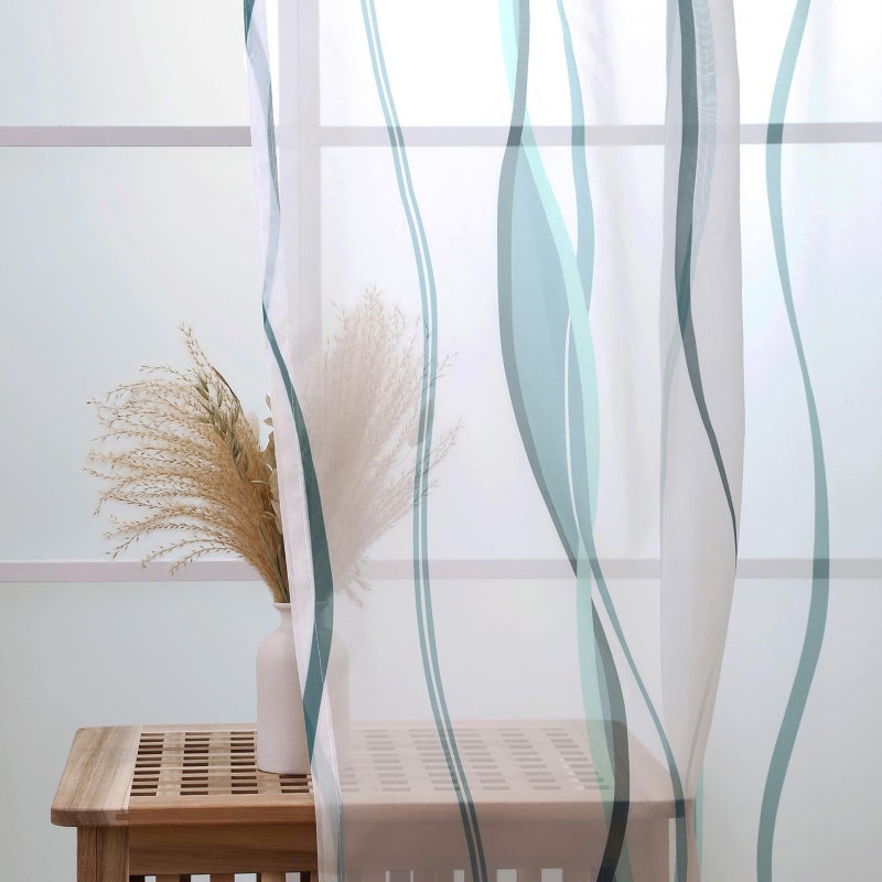L.Z.E White and Teal Sheer Curtains 84 Inches Long, Light Filtering Elegant Patterned Curtains with Design for Living Room Bedroom Dining Room, Lightweight Window Drapes, Grommet Top 2 Panels Set - Image 4