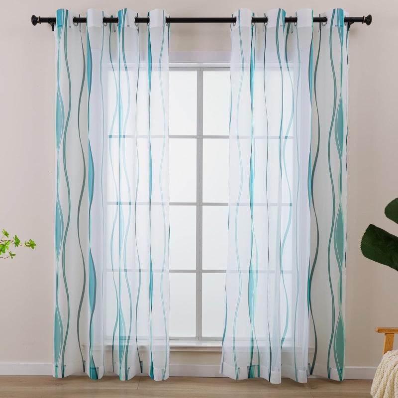 L.Z.E White and Teal Sheer Curtains 84 Inches Long, Light Filtering Elegant Patterned Curtains with Design for Living Room Bedroom Dining Room, Lightweight Window Drapes, Grommet Top 2 Panels Set - Image 1