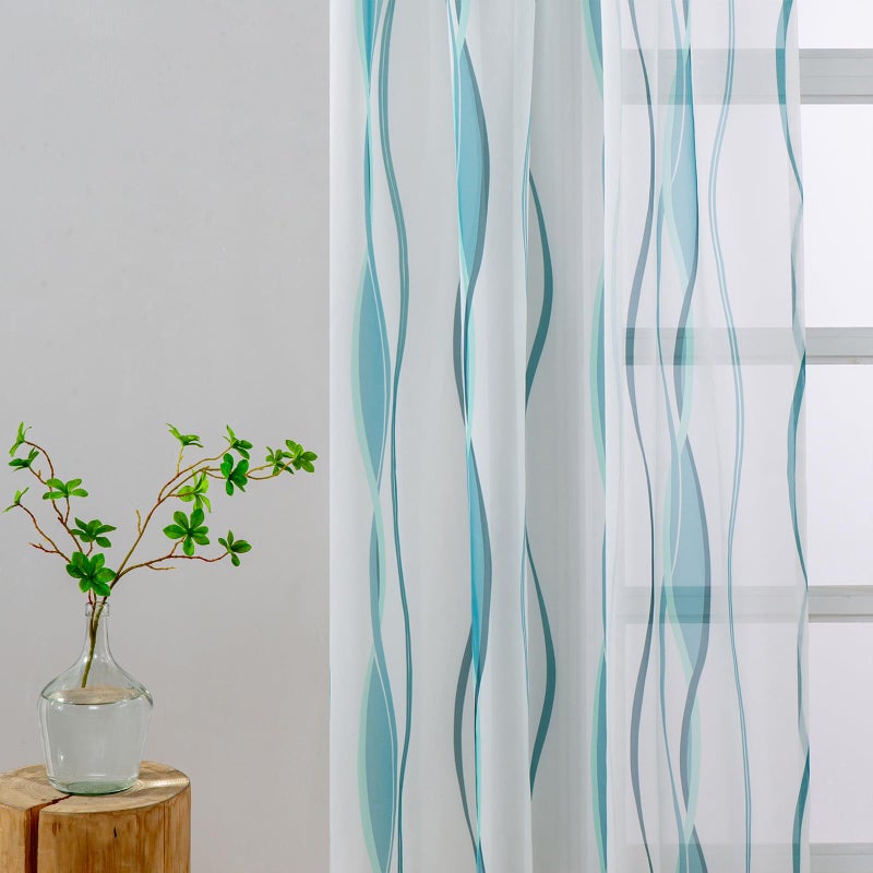 L.Z.E White and Teal Sheer Curtains 84 Inches Long, Light Filtering Elegant Patterned Curtains with Design for Living Room Bedroom Dining Room, Lightweight Window Drapes, Grommet Top 2 Panels Set - Image 3