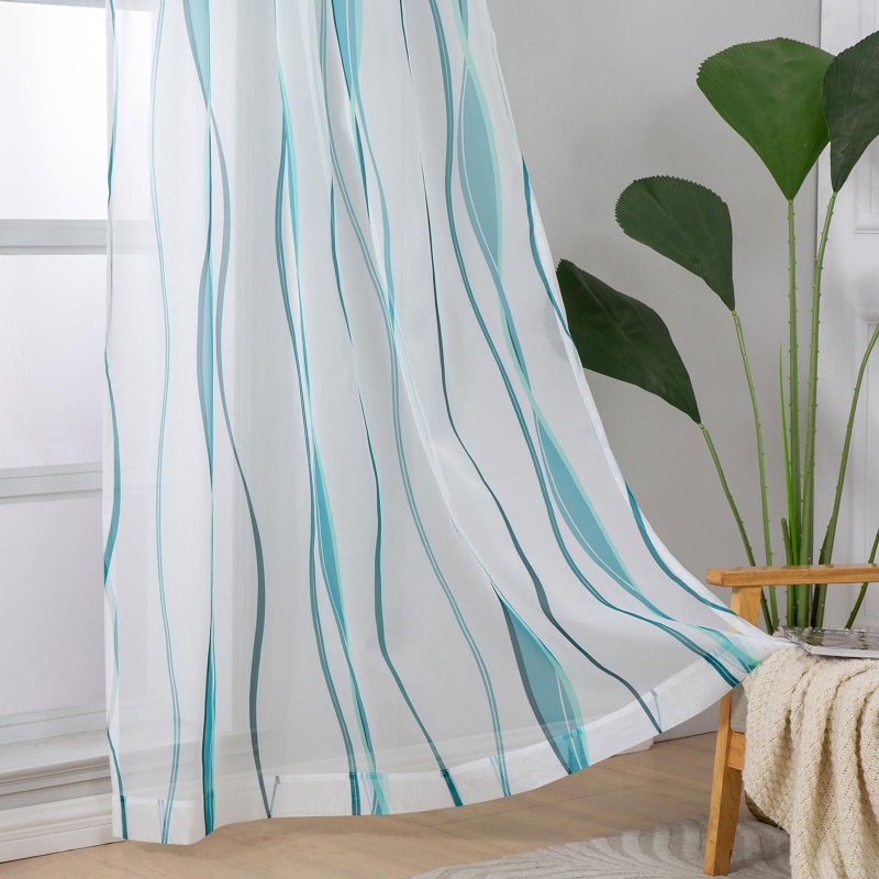 L.Z.E White and Teal Sheer Curtains 84 Inches Long, Light Filtering Elegant Patterned Curtains with Design for Living Room Bedroom Dining Room, Lightweight Window Drapes, Grommet Top 2 Panels Set - Image 2