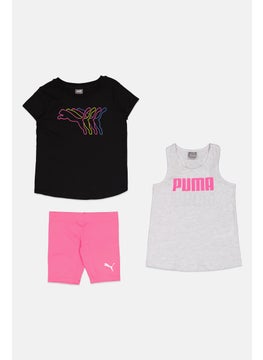 PUMA Kids Girl 3 Pieces Brand Logo Top And Bottom Set, Black/Grey/Pink  - Image 1