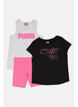 PUMA Kids Girl 3 Pieces Brand Logo Top And Bottom Set, Black/Grey/Pink  - Image 3