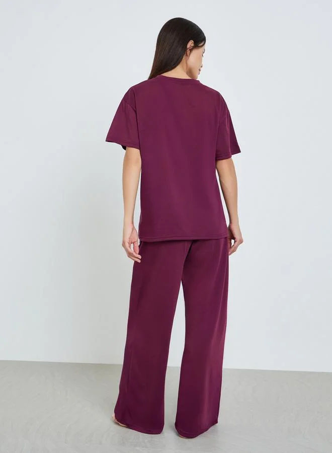 Styli  Women Burgundy Knitted T-Shirt and Pyjama Set for Women | Best Price UAE