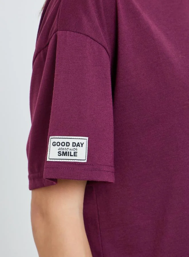 Styli  Women Burgundy Knitted T-Shirt and Pyjama Set for Women | Best Price UAE