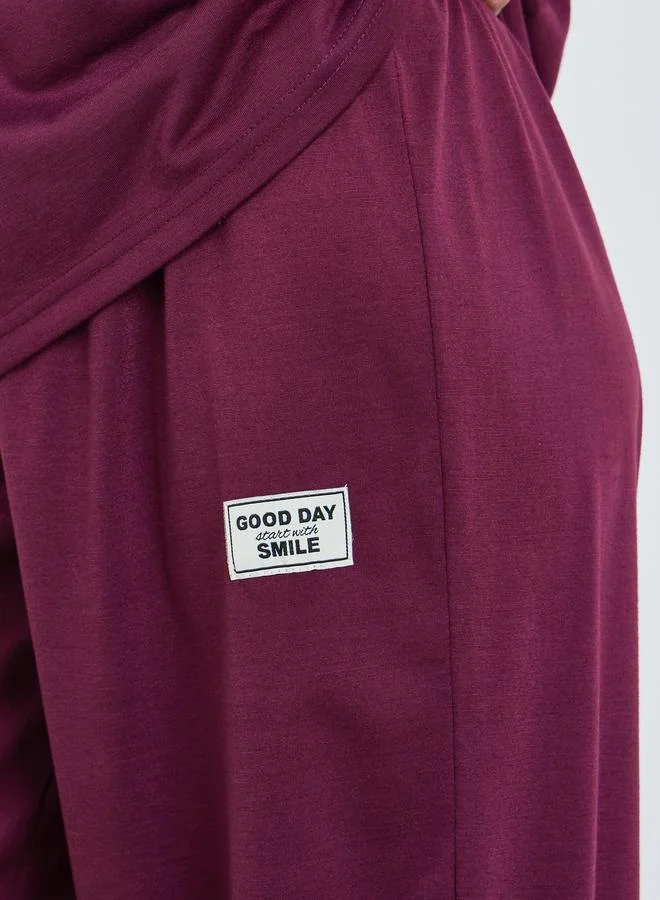 Styli  Women Burgundy Knitted T-Shirt and Pyjama Set for Women | Best Price UAE