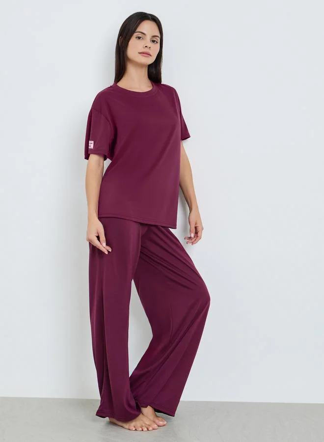Styli Women Burgundy Knitted T-Shirt and Pyjama Set