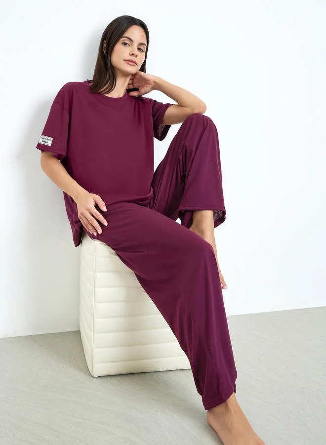 Styli Women Burgundy Knitted T-Shirt and Pyjama Set
