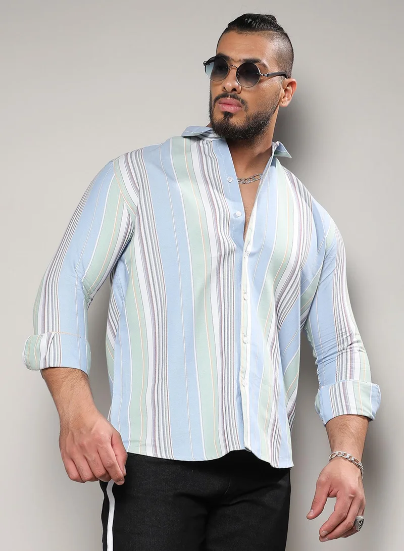 Instafab Plus Instafab Plus Men's Multicolour Striped Plus-Size Fit Button Up Shirt For Casual Wear | Cotton Spread Collar Shirt Crafted With Regular Sleeve & Comfort Fit For Everyday Wear