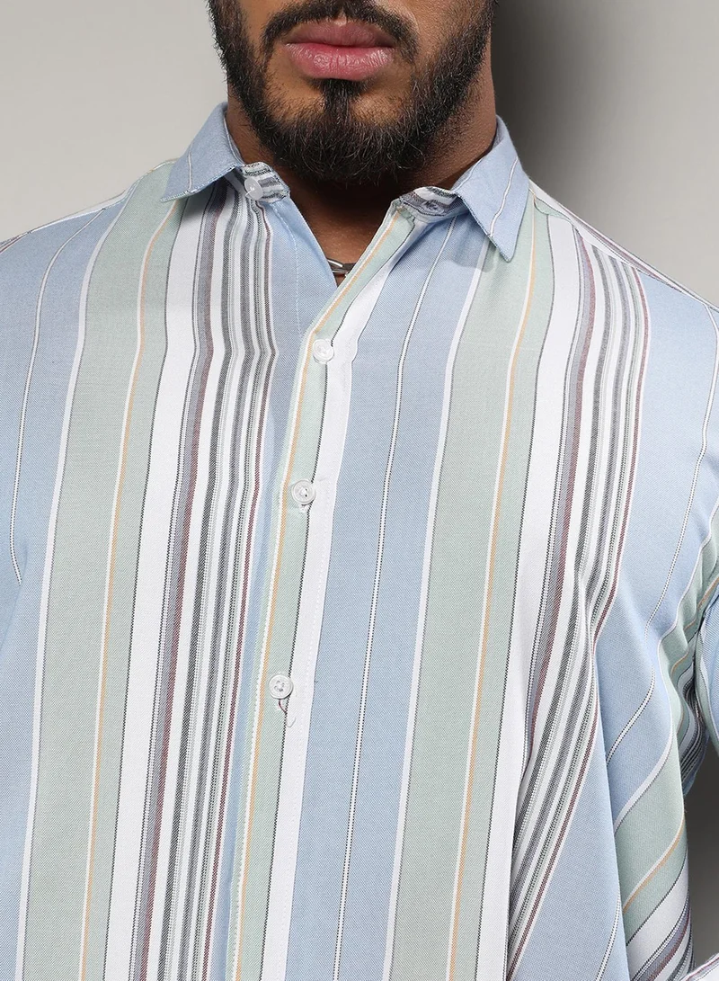Instafab Plus Instafab Plus Men's Multicolour Striped Plus-Size Fit Button Up Shirt For Casual Wear | Cotton Spread Collar Shirt Crafted With Regular Sleeve & Comfort Fit For Everyday Wear