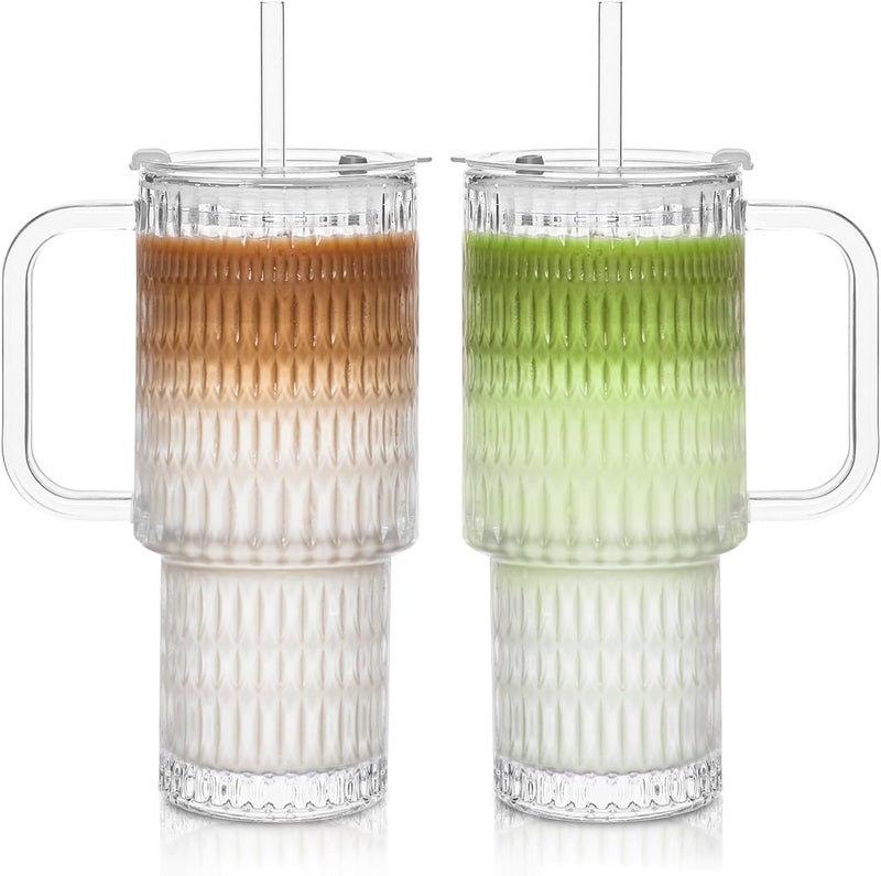 INSETLAN 26oz Raindrop Glass Tumbler with Handle and Lid, Set of 2 – Reusable Iced Coffee Cups with Lids, Clear Glass Cups with Straw for Coffee, Smoothies, Tea, Juice – Perfect for any Occasion - Image 1