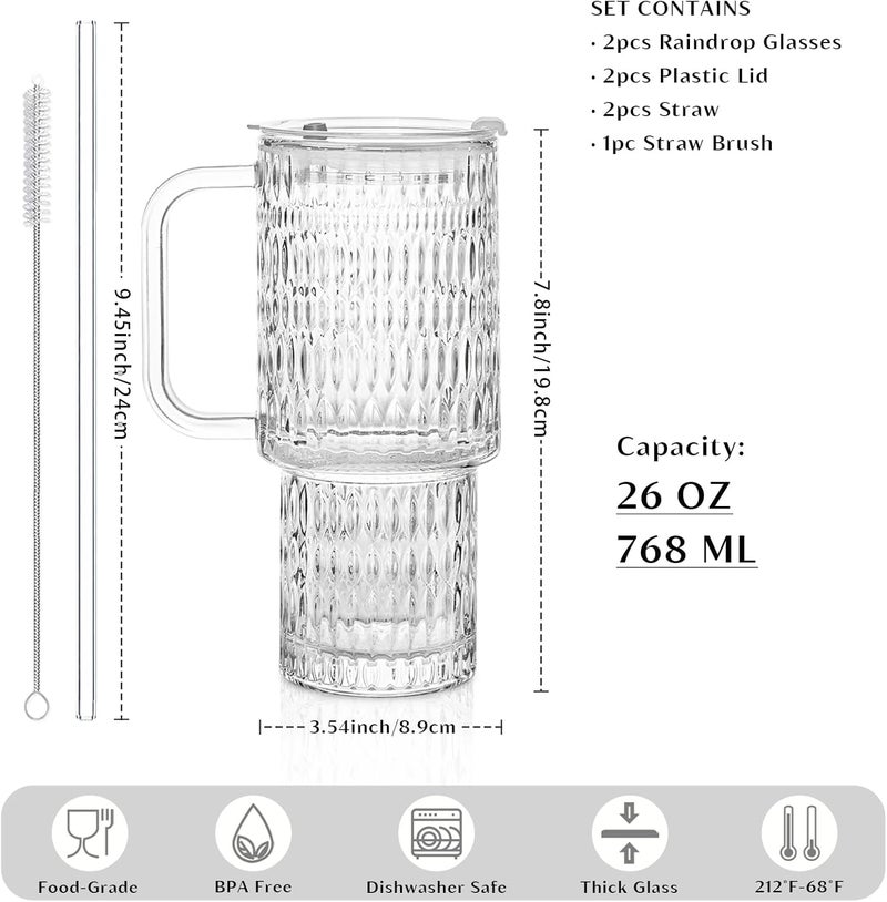 INSETLAN 26oz Raindrop Glass Tumbler with Handle and Lid, Set of 2 – Reusable Iced Coffee Cups with Lids, Clear Glass Cups with Straw for Coffee, Smoothies, Tea, Juice – Perfect for any Occasion - Image 2