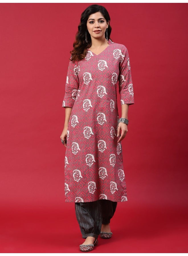 AKS Grey & Pink Printed Kurta & Balloon Palazzo Set - Image 4