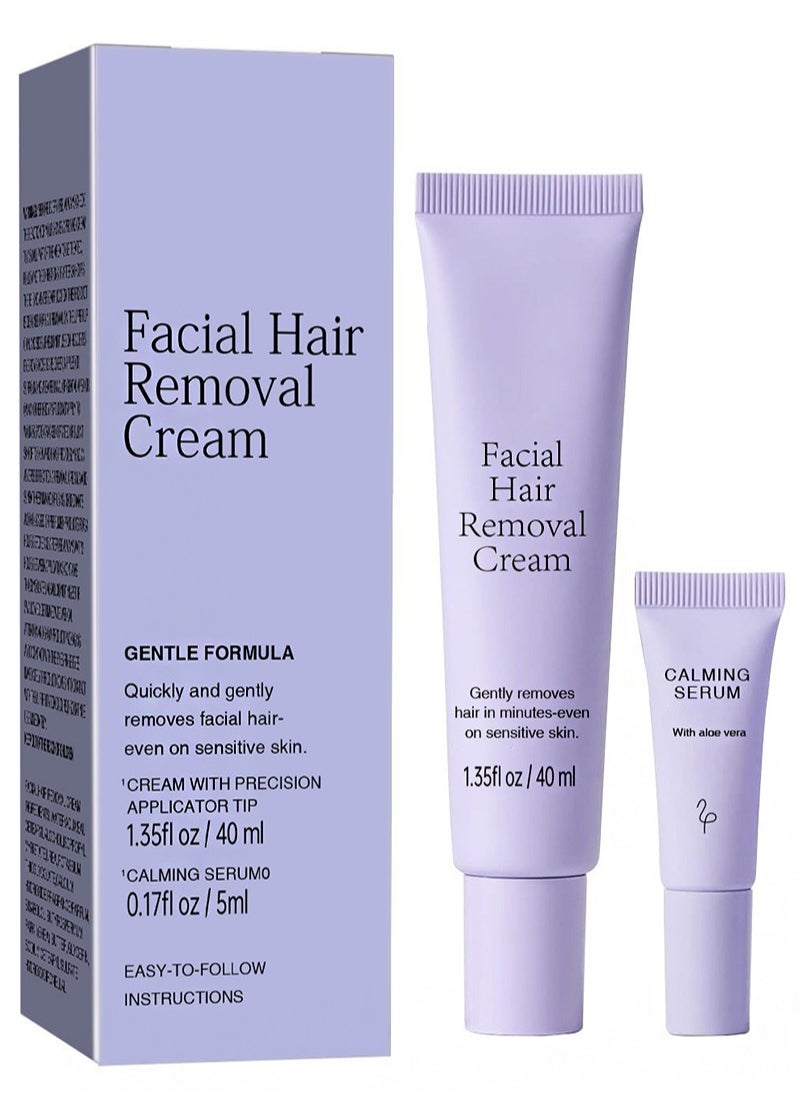 CARVENCHY Facial Hair Removal Cream 1.35fl oz/40ml and Soothing Balm 0.17fl oz/5ml for All Skin Types,Facial Hair Remover with Precision Shaving Tip,Quickly and Gently Removes Facial Hair,Calming Serum with Aloe Vera  - Image 1
