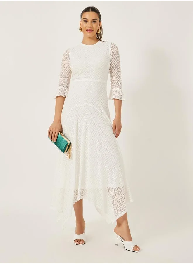 ستايلي Lace Insert Ruffle Sleeve Asymmetric Hem A-Line Midi Dress