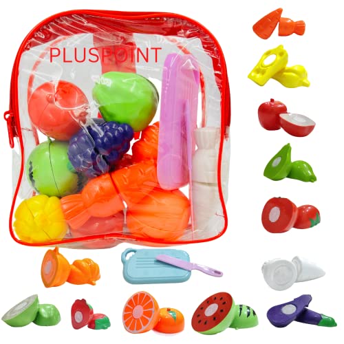 PLUSPOINT Food Cutting Toys 14 PCS with Storage Bag Play Cutting Food Kitchen Toy Cutting Fruits Vegetables Pretend Food Playset Early Development Learning Toy Gifts for Toddlers Girls (14pc Backpack) - Image 1