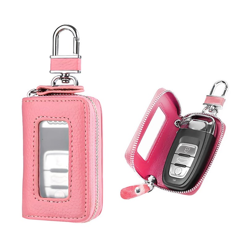 Gasedin Car Key Fob Case Smart Key Fob Cover with Metal Hook Transparent Window Remote Key Fob Case Holder Keyring Zipper Bag Pink - Image 3