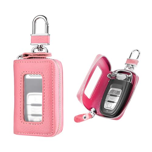 Gasedin Car Key Fob Case Smart Key Fob Cover with Metal Hook Transparent Window Remote Key Fob Case Holder Keyring Zipper Bag Pink - Image 1