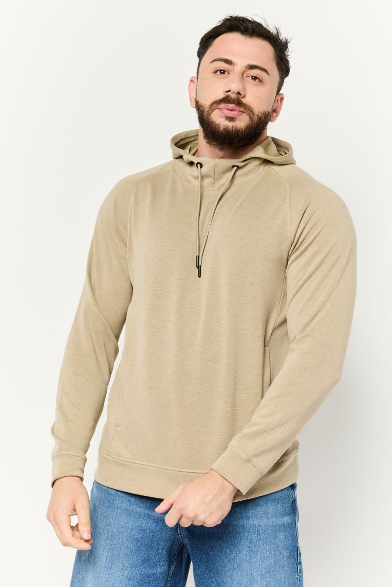 MOTION Men Hooded Brand Logo Long Sleeve Sweatshirt, Khaki  - Image 1
