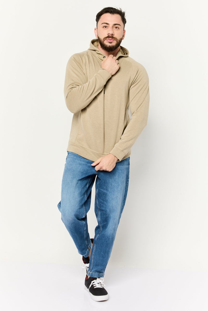 MOTION Men Hooded Brand Logo Long Sleeve Sweatshirt, Khaki  - Image 3