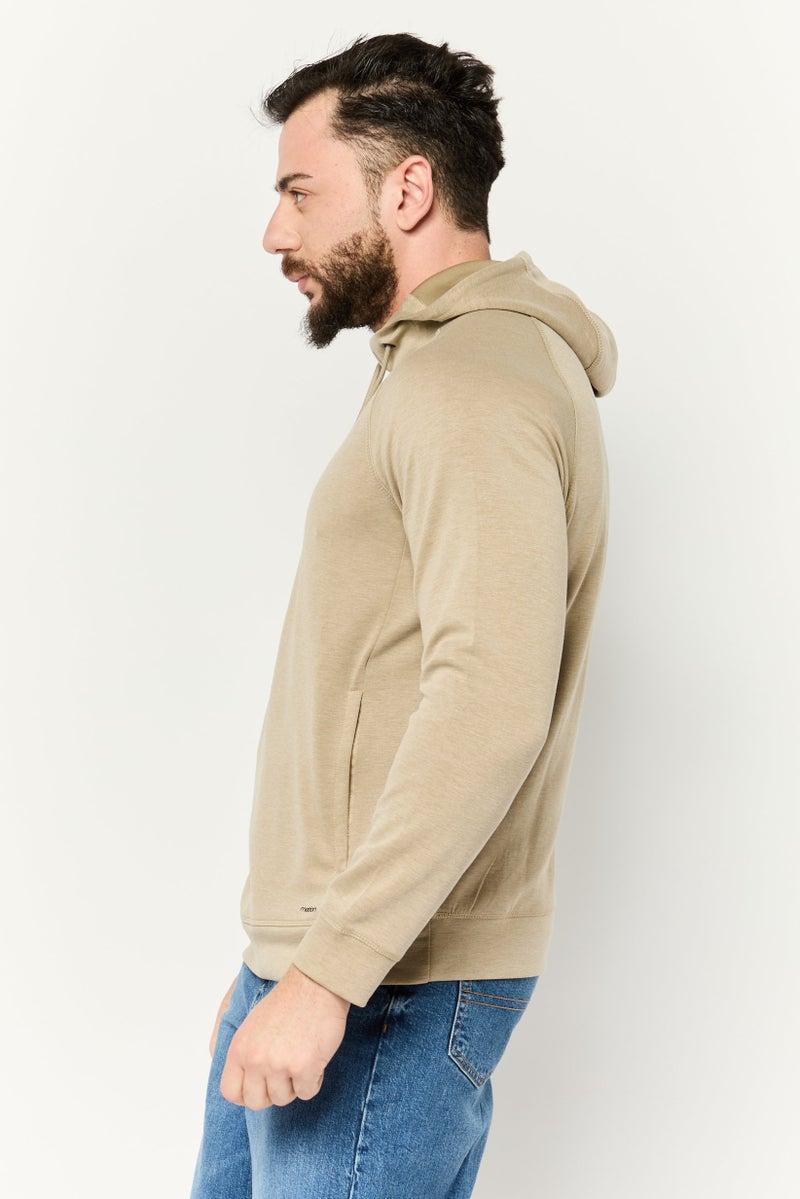 MOTION Men Hooded Brand Logo Long Sleeve Sweatshirt, Khaki  - Image 2