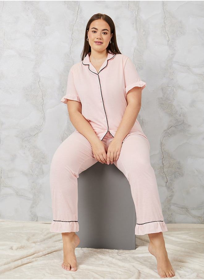 Styli - Ruffle Trim Piped Shirt & Pyjama Set - Image 1