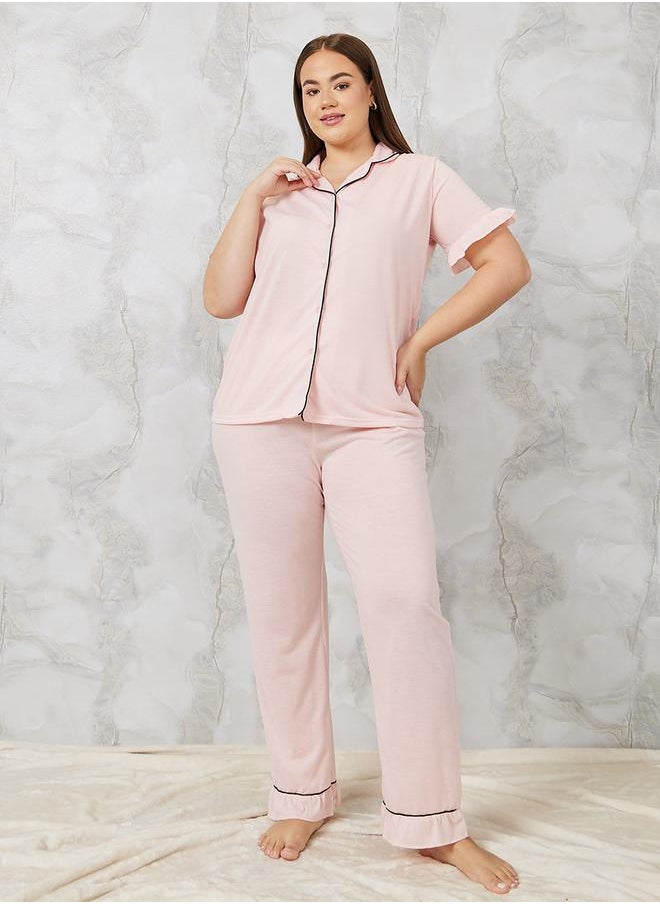 Styli - Ruffle Trim Piped Shirt & Pyjama Set - Image 1