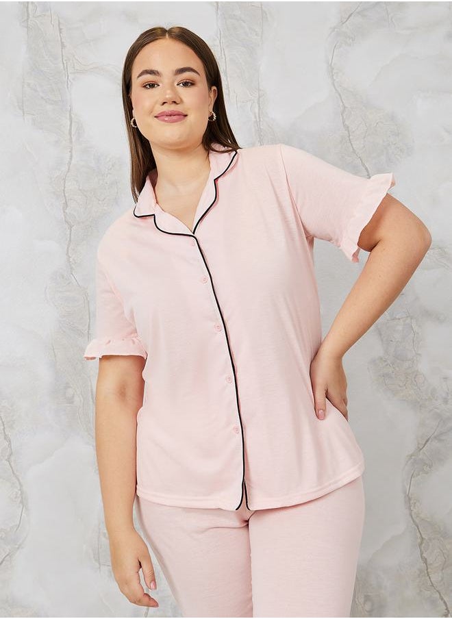 Styli - Ruffle Trim Piped Shirt & Pyjama Set - Image 1
