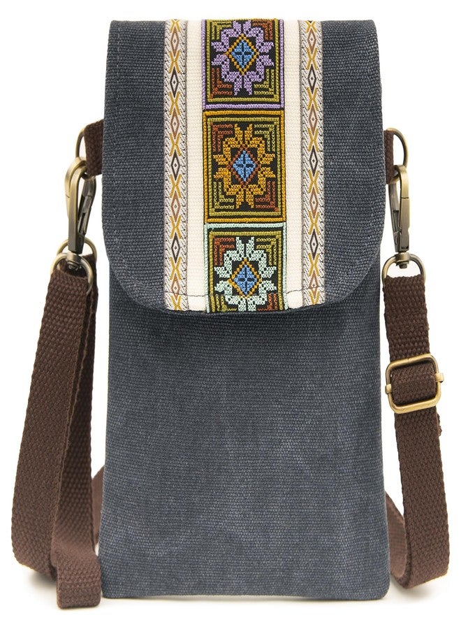 SILKAREA Vintage Embroidered Canvas Flip Small Crossbody Bag Cell Phone Pouch for Women Wristlet Wallet Bag Coin Purse, Grayish Blue, Small, Canvas Bohemia Small Bag Cell Phone Purse - Image 1