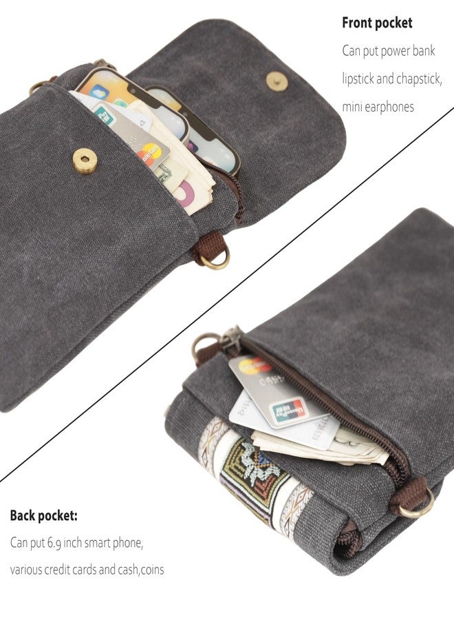 SILKAREA Vintage Embroidered Canvas Flip Small Crossbody Bag Cell Phone Pouch for Women Wristlet Wallet Bag Coin Purse, Grayish Blue, Small, Canvas Bohemia Small Bag Cell Phone Purse - Image 4