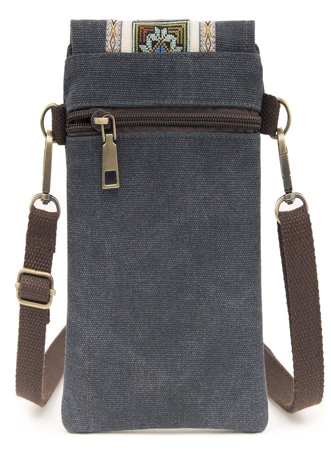 SILKAREA Vintage Embroidered Canvas Flip Small Crossbody Bag Cell Phone Pouch for Women Wristlet Wallet Bag Coin Purse, Grayish Blue, Small, Canvas Bohemia Small Bag Cell Phone Purse - Image 2
