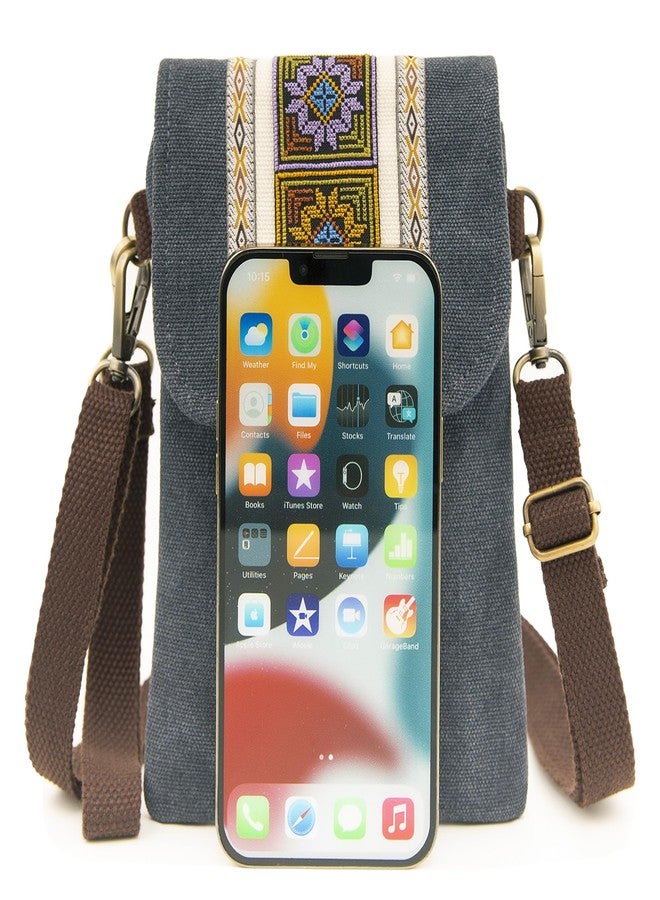 SILKAREA Vintage Embroidered Canvas Flip Small Crossbody Bag Cell Phone Pouch for Women Wristlet Wallet Bag Coin Purse, Grayish Blue, Small, Canvas Bohemia Small Bag Cell Phone Purse - Image 3