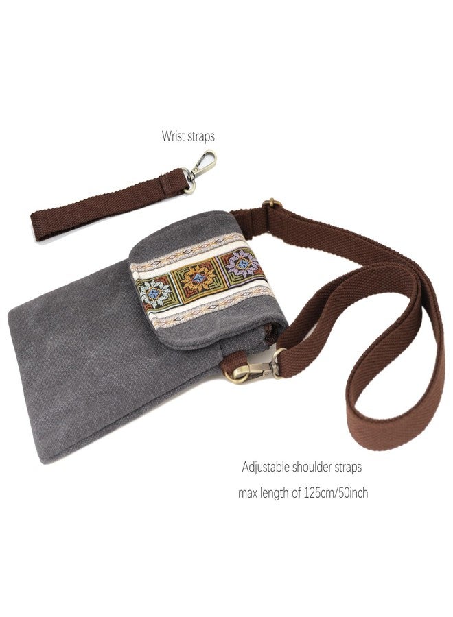 SILKAREA Vintage Embroidered Canvas Flip Small Crossbody Bag Cell Phone Pouch for Women Wristlet Wallet Bag Coin Purse, Grayish Blue, Small, Canvas Bohemia Small Bag Cell Phone Purse - Image 5