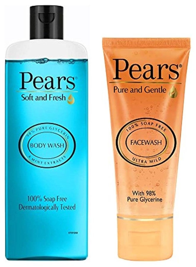 PEARS Pure and Gentle Daily Cleansing Facewash, 150 g & Pears Soft & Fresh Body Wash 250 ml (Combo Pack of 1) With Glycerin & Fresh Mint, Cooling Shower Gel for Bathing - Paraben Free, & Women - Image 1