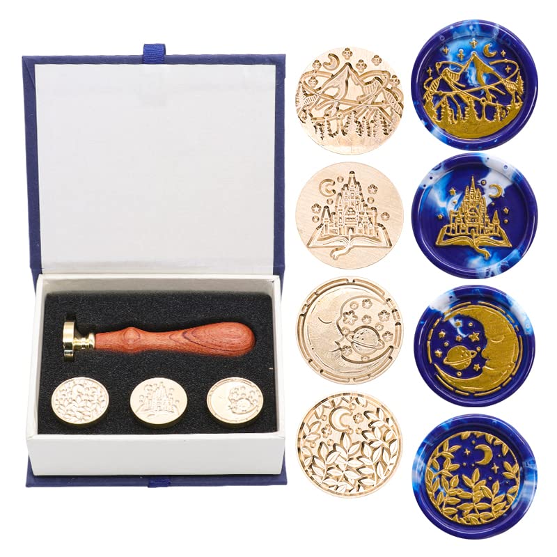 SWANGSA Wax Seal Stamp Set Vintage 4 Pieces Castle Magic Book Moon Plant Star Sealing Stamp Heads  1 Wooden Handle Sealing Stamp Kit