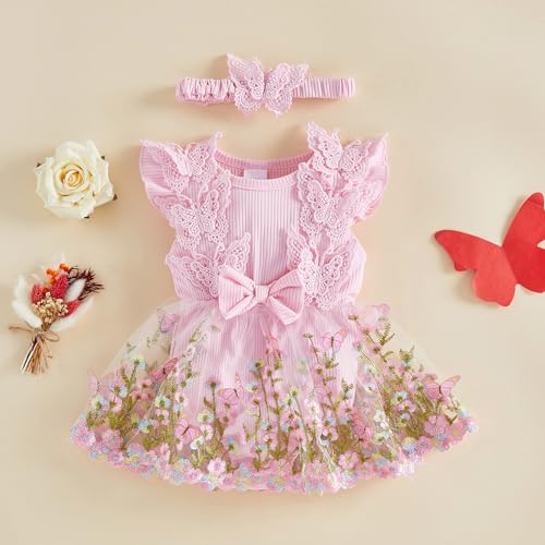 Douhoow Baby Girl Dress Romper Baby Romper Dress Flowers Embroidery Tulle Skirt Infant Girl Summer Clothes with Headband (Pink A, 0-3 Months) - Image 2