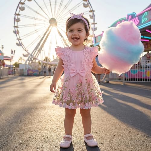 Douhoow Baby Girl Dress Romper Baby Romper Dress Flowers Embroidery Tulle Skirt Infant Girl Summer Clothes with Headband (Pink A, 0-3 Months) - Image 4