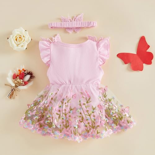 Douhoow Baby Girl Dress Romper Baby Romper Dress Flowers Embroidery Tulle Skirt Infant Girl Summer Clothes with Headband (Pink A, 0-3 Months) - Image 3