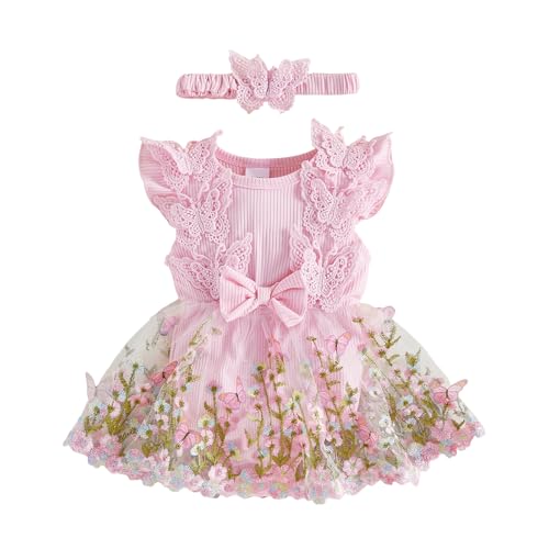Douhoow Baby Girl Dress Romper Baby Romper Dress Flowers Embroidery Tulle Skirt Infant Girl Summer Clothes with Headband (Pink A, 0-3 Months) - Image 1
