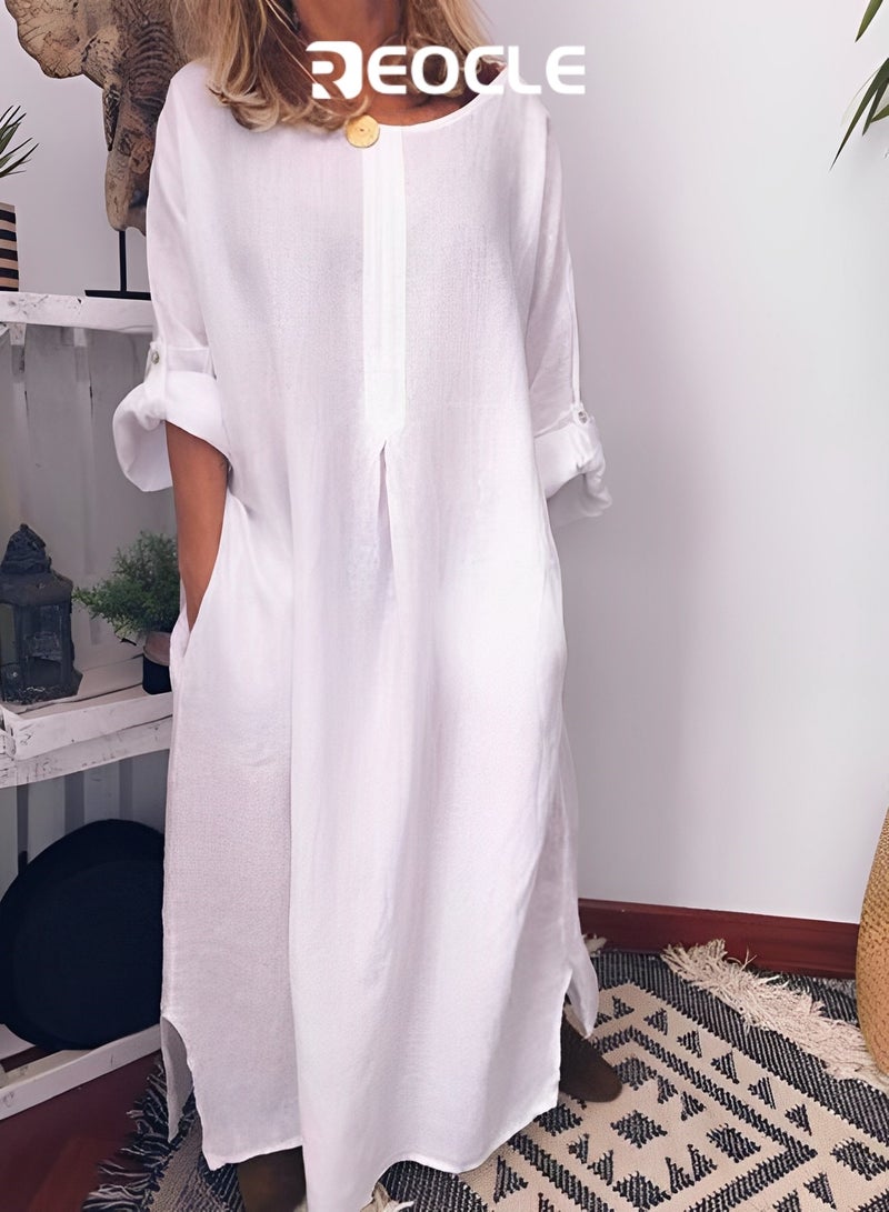 REOCLE Women's Cotton and Linen Solid Color Loose Dress Summer Fresh Sweet Comfortable and Breathable A-line Skirt Design with Pocket Design - Image 5