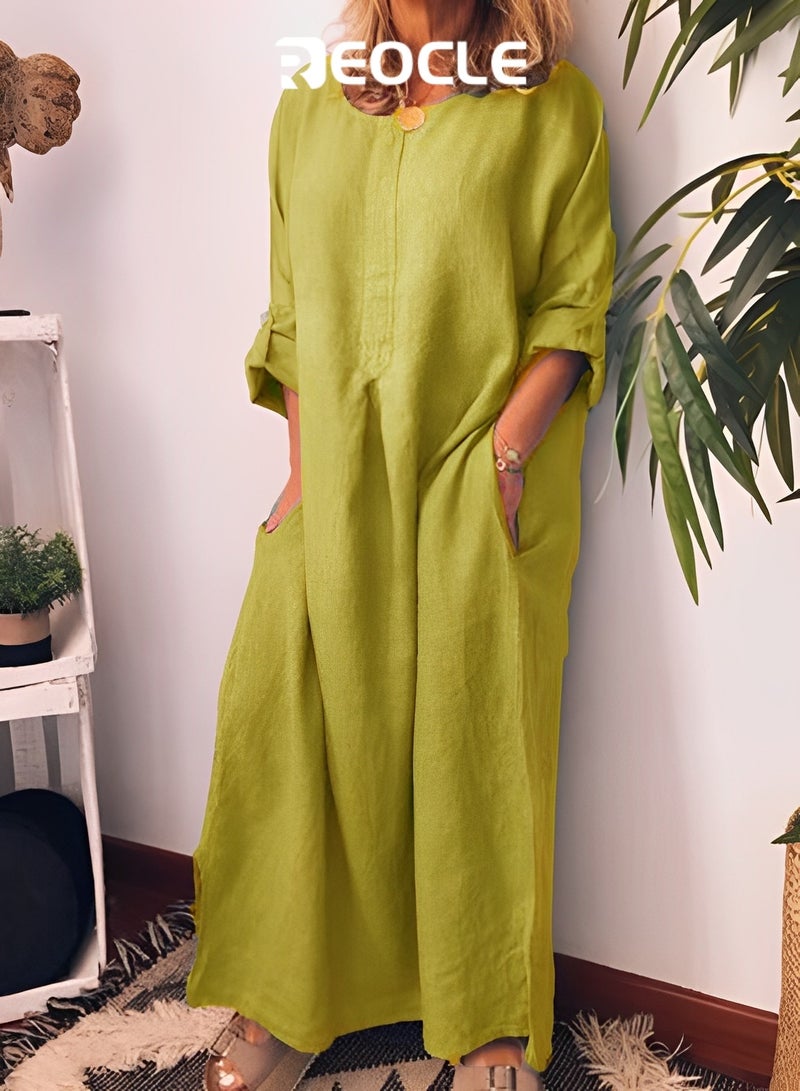 REOCLE Women's Cotton and Linen Solid Color Loose Dress Summer Fresh Sweet Comfortable and Breathable A-line Skirt Design with Pocket Design - Image 3