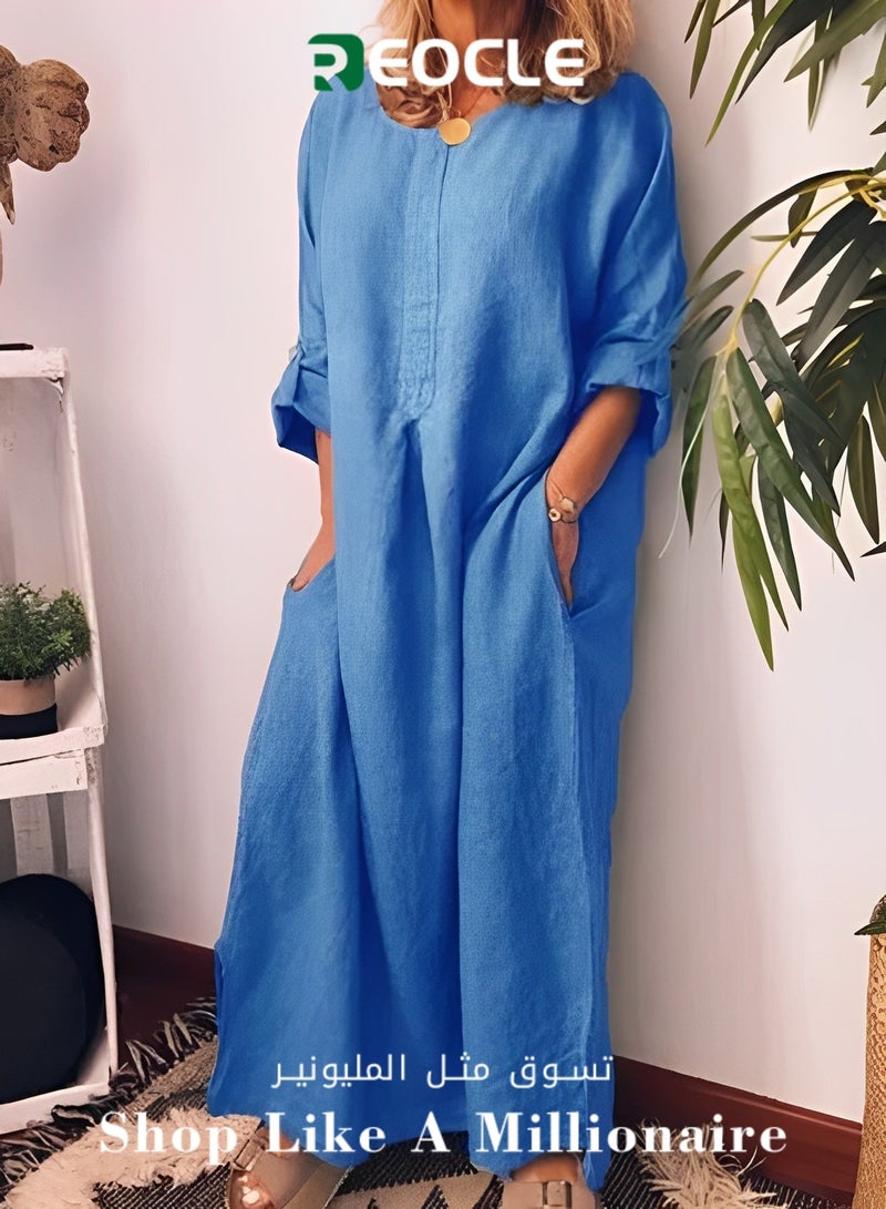 REOCLE Women's Cotton and Linen Solid Color Loose Dress Summer Fresh Sweet Comfortable and Breathable A-line Skirt Design with Pocket Design - Image 1