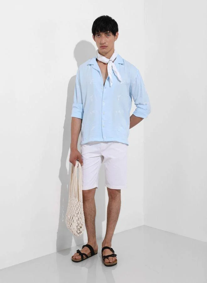 The Indian Garage Co Men Relaxed Fit Embroided Cuban Collar Full Sleeves Shirt