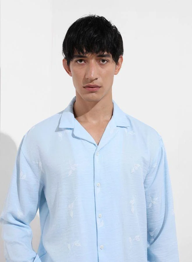 The Indian Garage Co Men Relaxed Fit Embroided Cuban Collar Full Sleeves Shirt